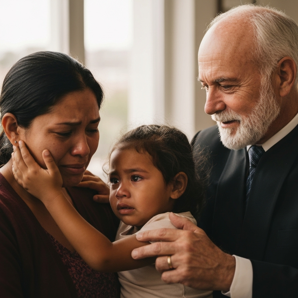 Retrato humano de una abogada consolando a una madre y su hijo, expresion de esperanza