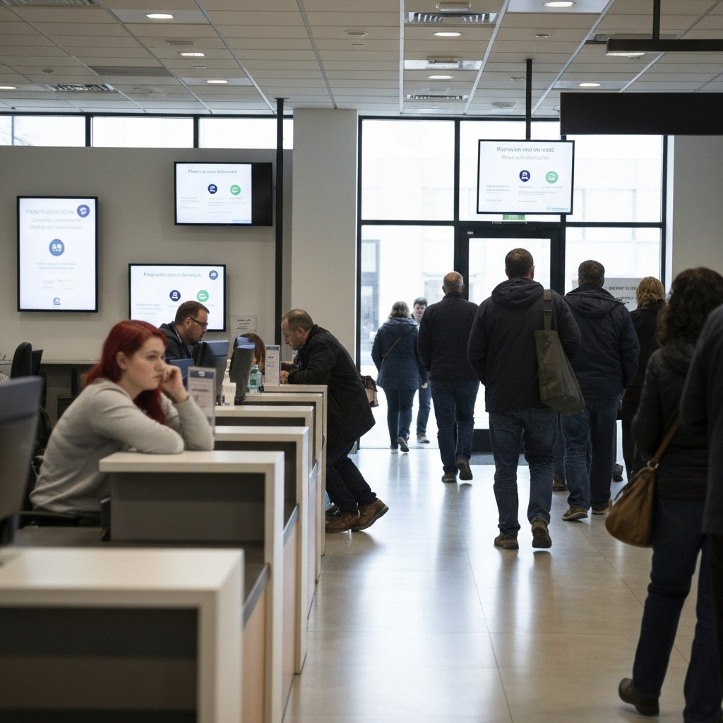 Vista amplia de un mostrador de pagos y pantallas digitales en una oficina gubernamental.