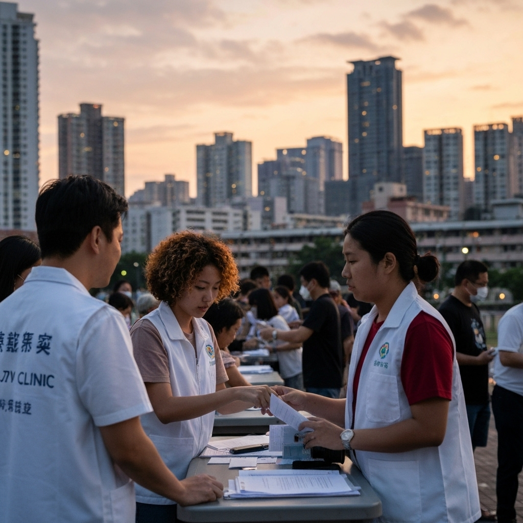 Vista amplia de una clinica de inmigracion al atardecer, voluntarios y familias entrando.
