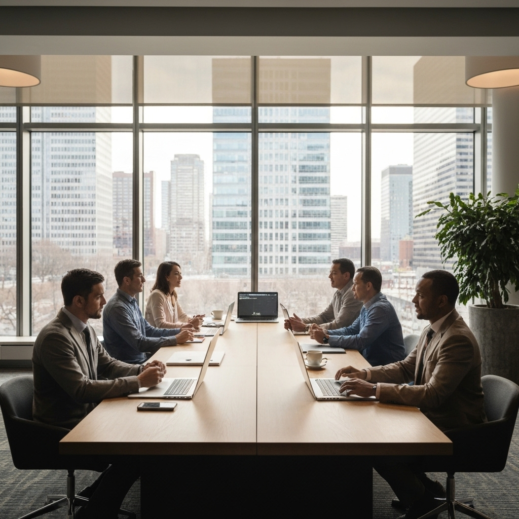 Vista amplia de una empresa tecnologica, personas diversas en una sala de juntas, con vista a la ciudad