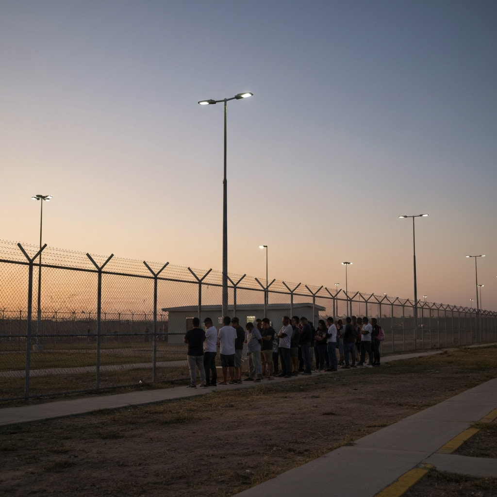 Vista amplia de una instalacion de detencion al atardecer, autobuses, vallas, familias y personal en el estacionamiento