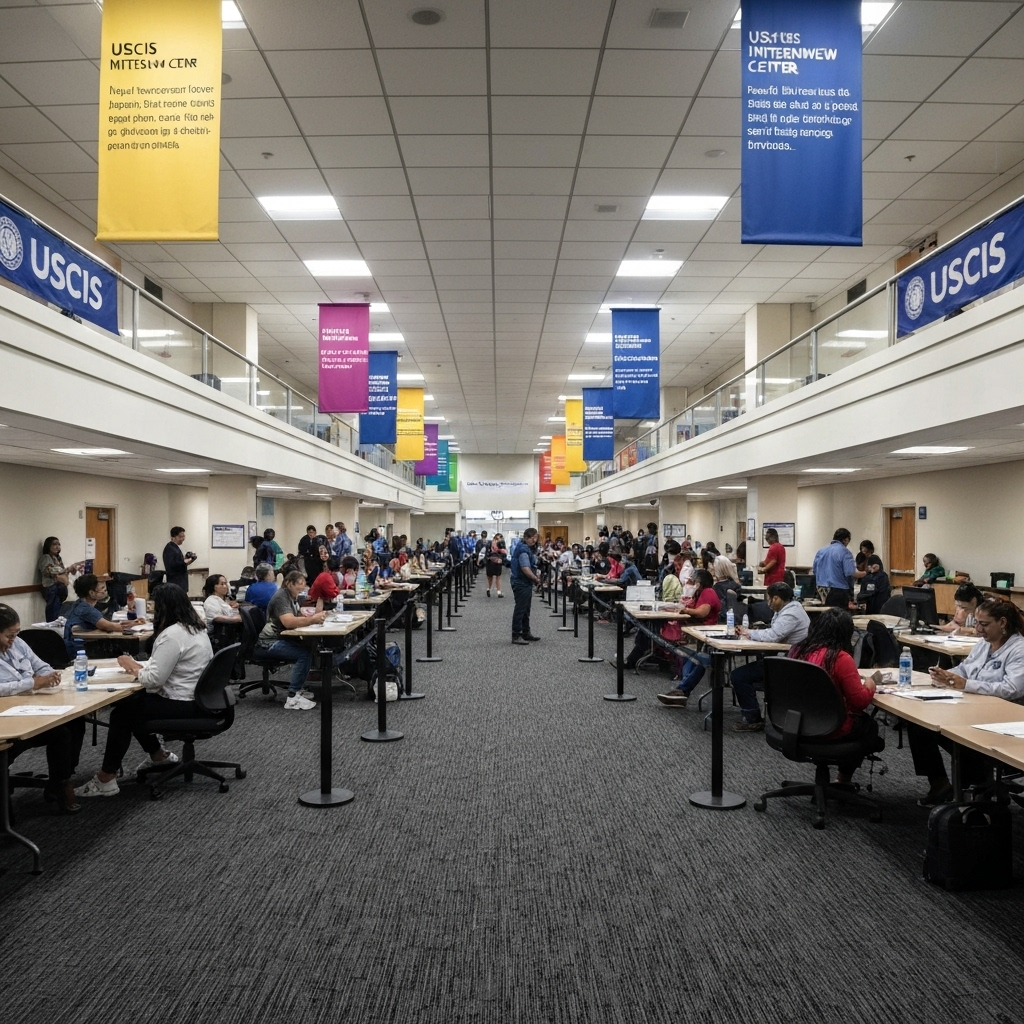 Vista amplia de una sala de espera de USCIS con personas esperando entrevistas, senalizacion y escritorios, luz natural y ambiente serio