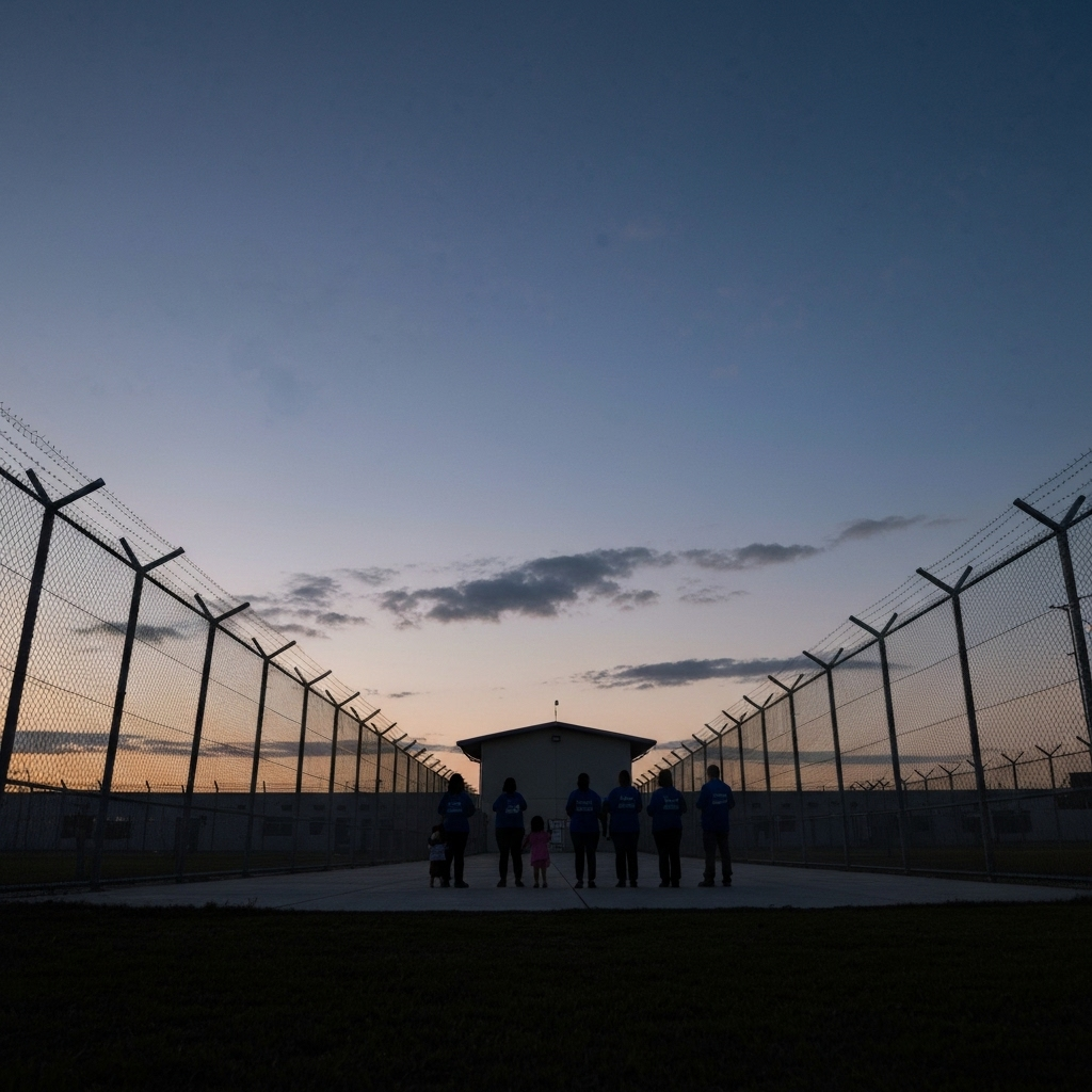 Vista general de un centro de detencion al atardecer con siluetas de familias y voluntarios