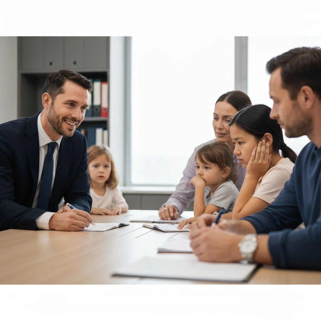Interaccion entre abogada y familia en una sala de consulta, mostrando apoyo.