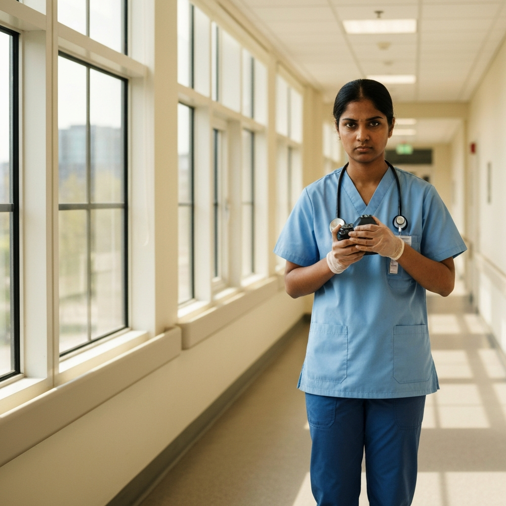 Mujer trabajadora en un pasillo de hospital, esperando renovacion de permiso de trabajo.
