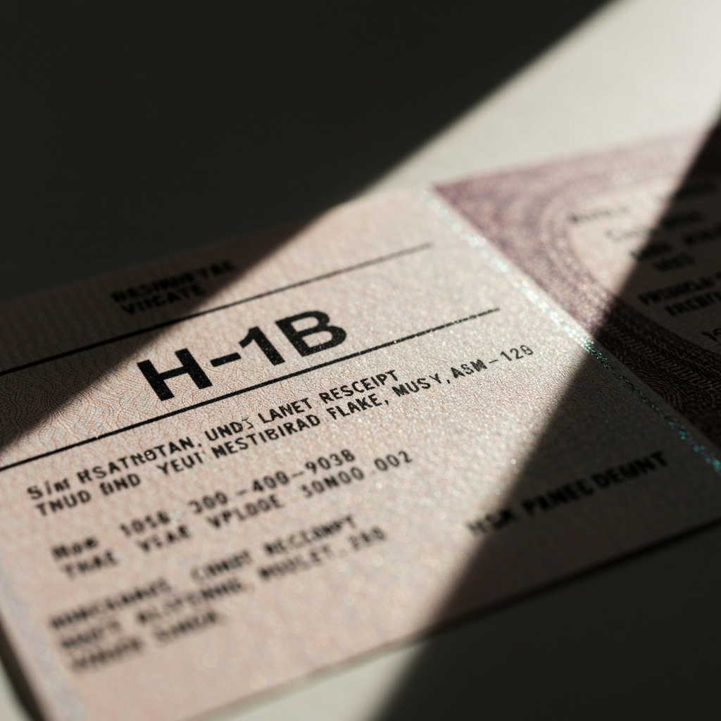 Plano detalle de un recibo de tarifa H-1B con boligrafo y firma