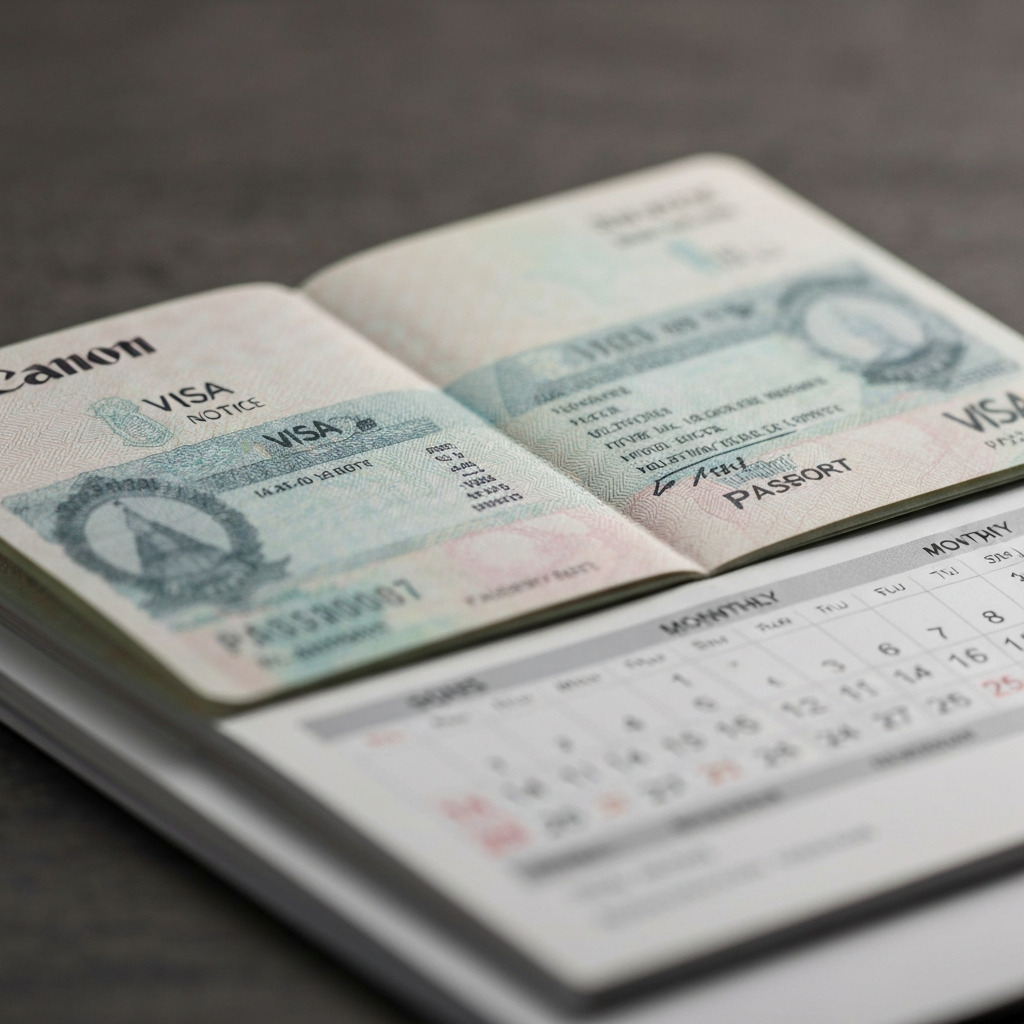 Plano macro de documentos de visa y un sello sobre una carpeta con fechas.