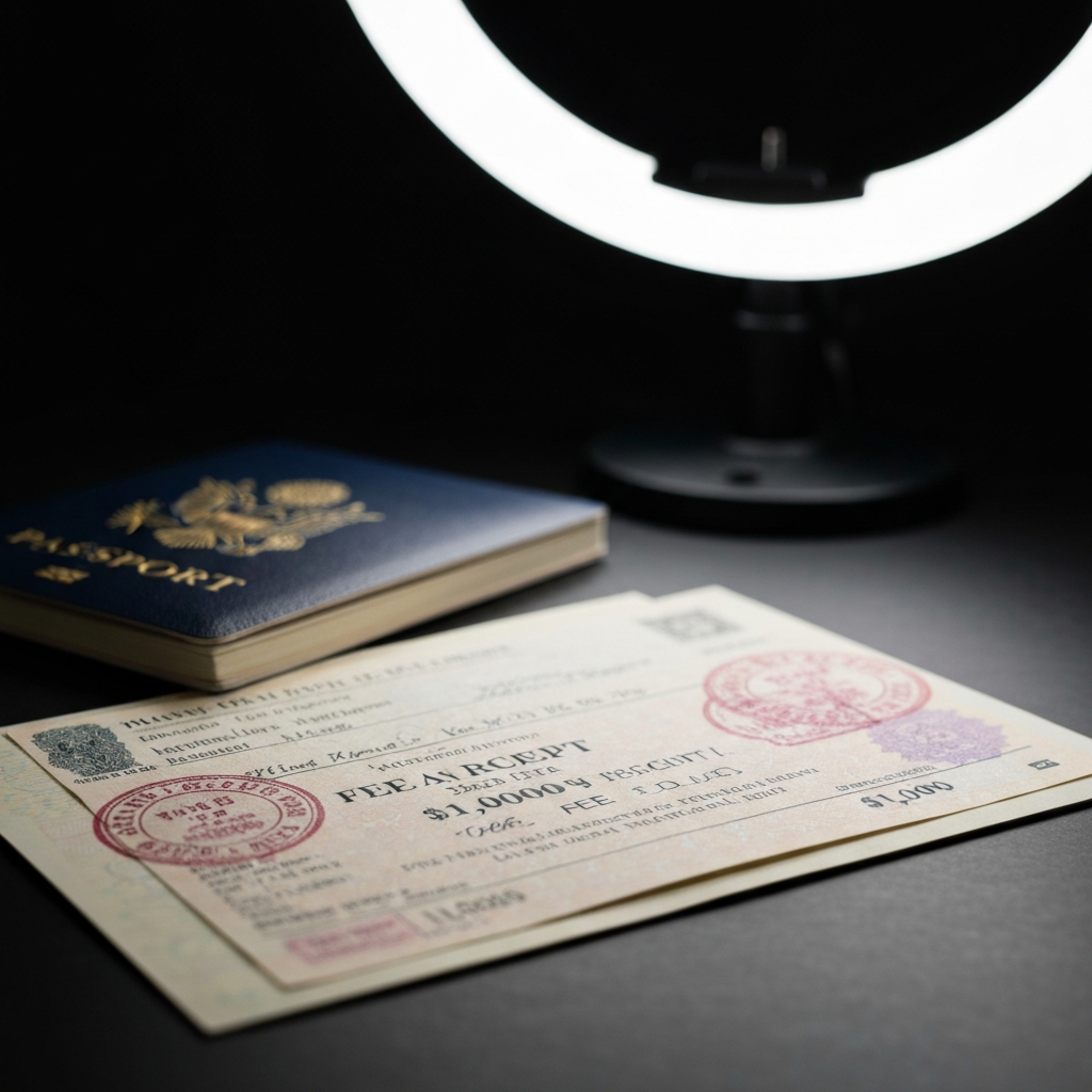 Primer plano de un pasaporte y papeles migratorios sobre una mesa, sellos visibles.