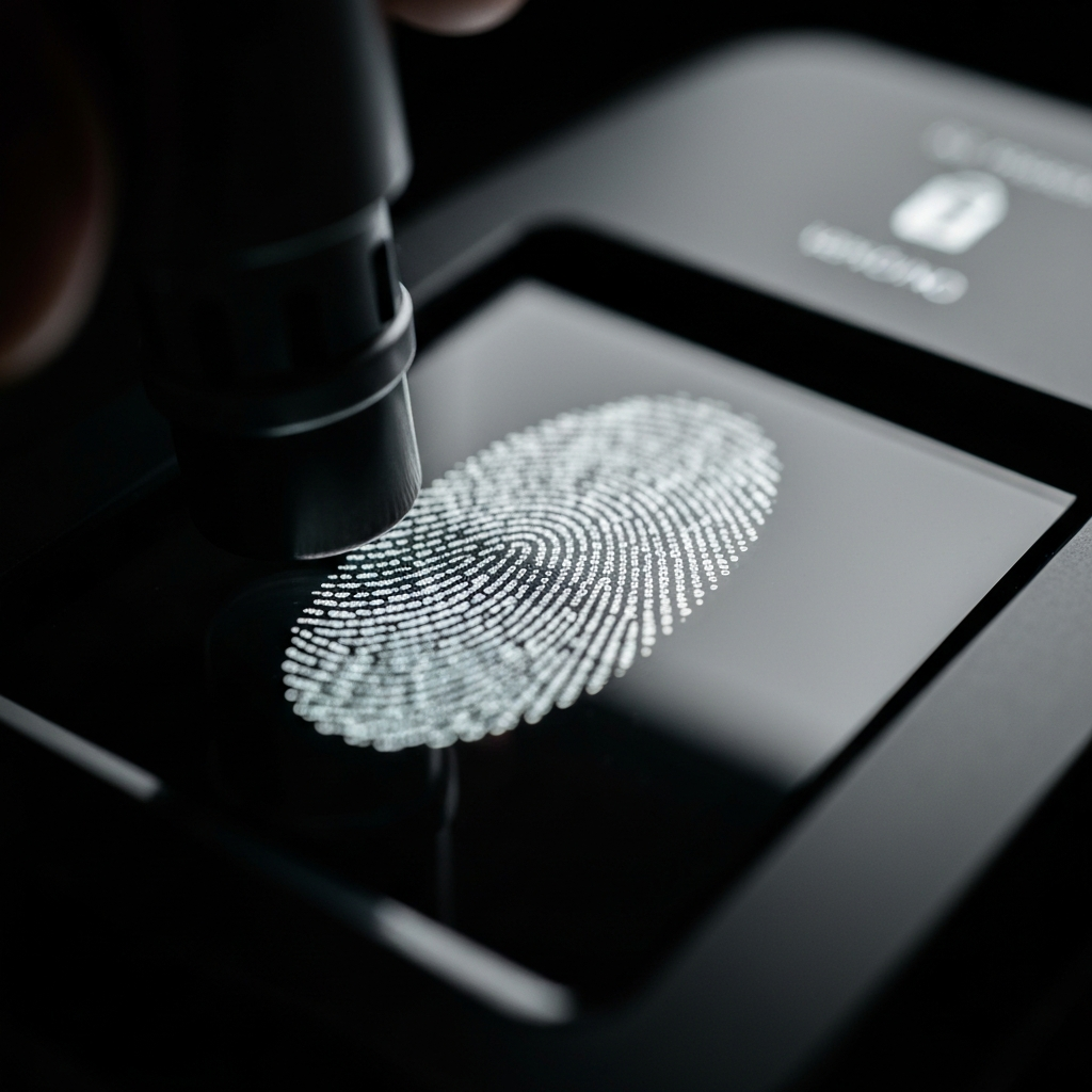 Primer plano de una huella digital en un lector biometrico, simbolizando el proceso de verificacion