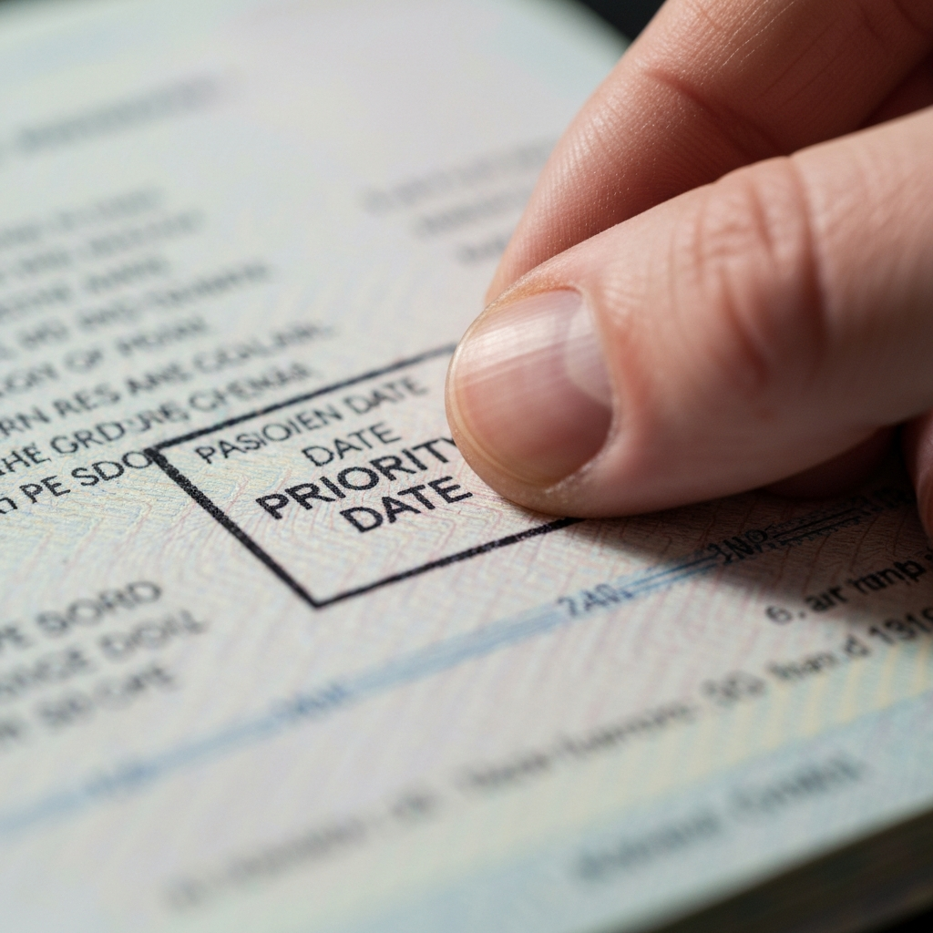 Primer plano de una mano con un pasaporte y una fecha de prioridad en un calendario