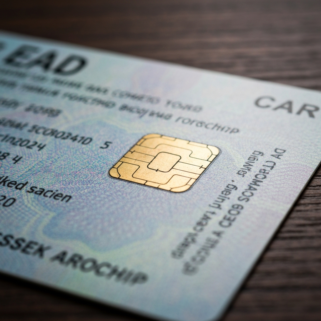 Primer plano de una tarjeta EAD sobre una mesa, con detalles de grabado