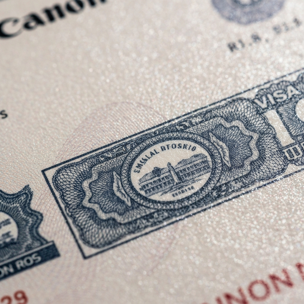Primer plano macro de una pagina de pasaporte con sello de visa sobre una mesa.