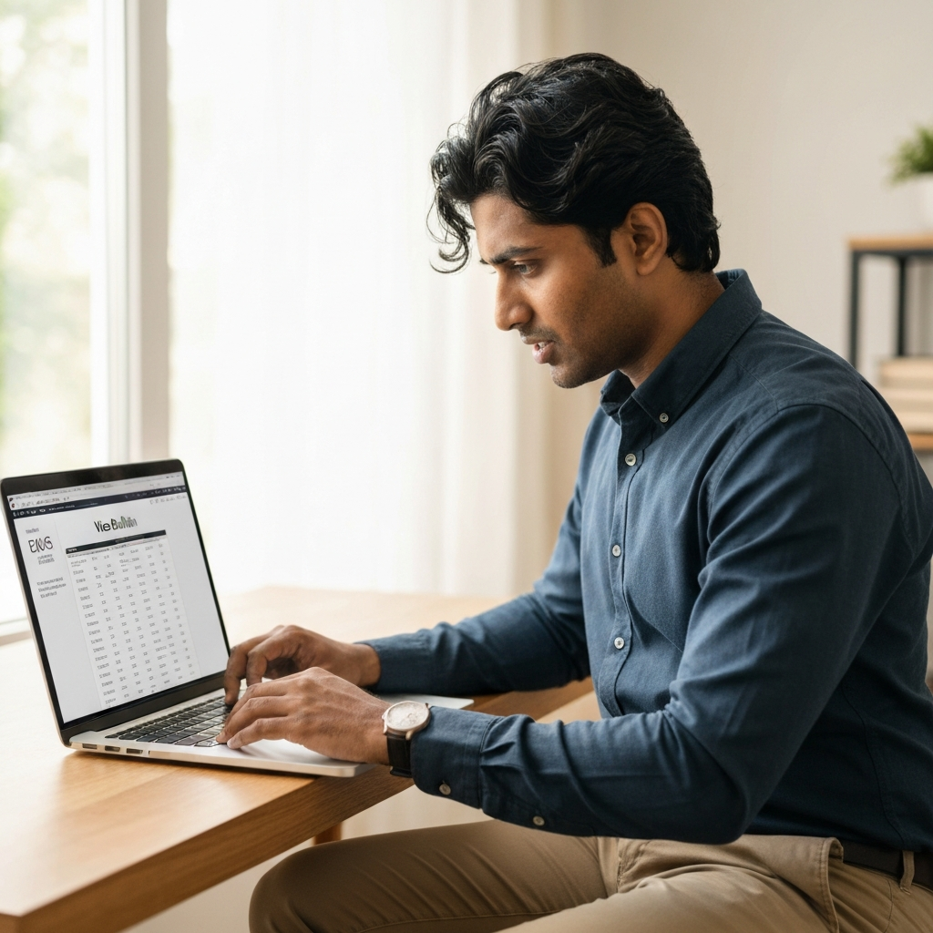 Retrato de un solicitante esperanzado mirando el Boletin de Visas en una laptop, iluminacion suave por la ventana, enfoque suave y regla de tercios.