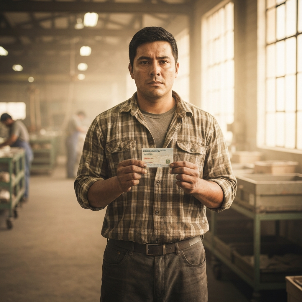 Retrato de un trabajador migrante en una fabrica iluminada sosteniendo una tarjeta EAD