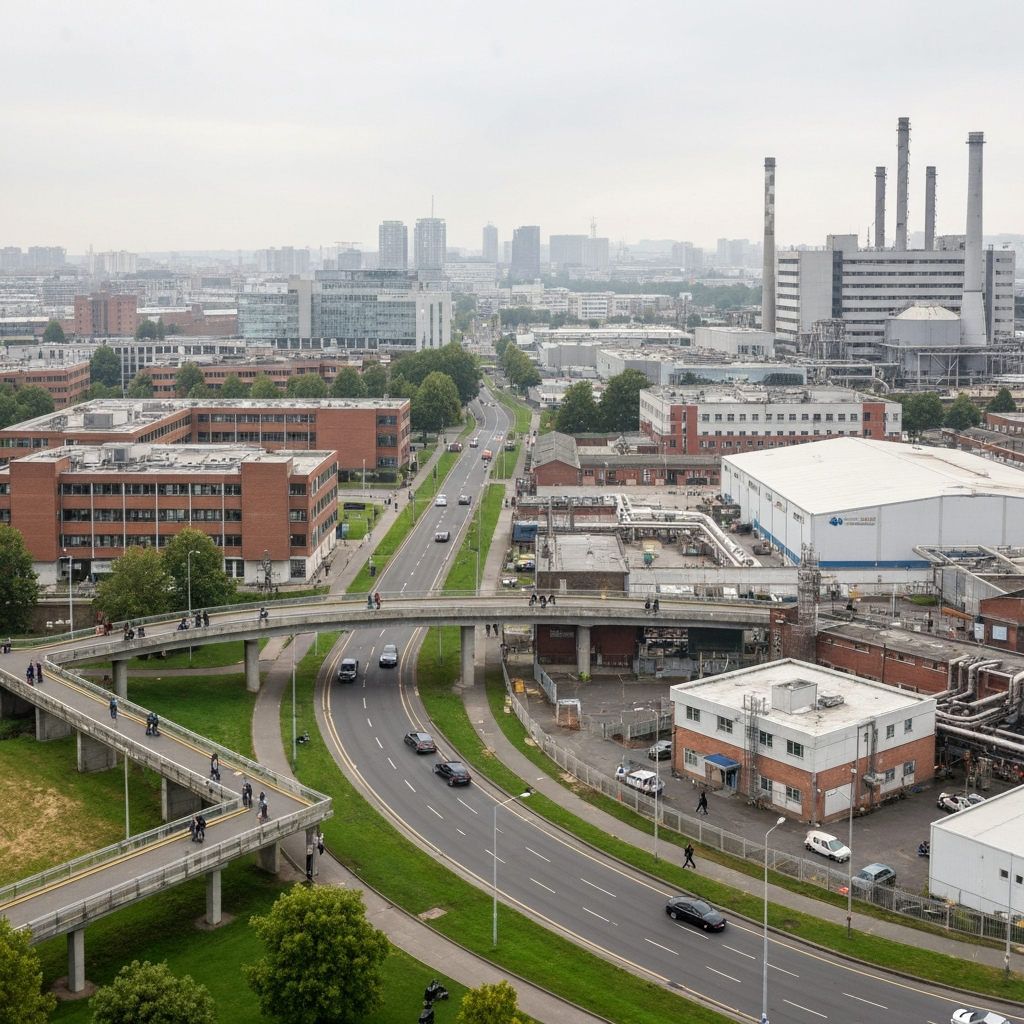 Vista amplia de una zona de trabajo con hospitales, escuelas y fabrica, que muestra el impacto.