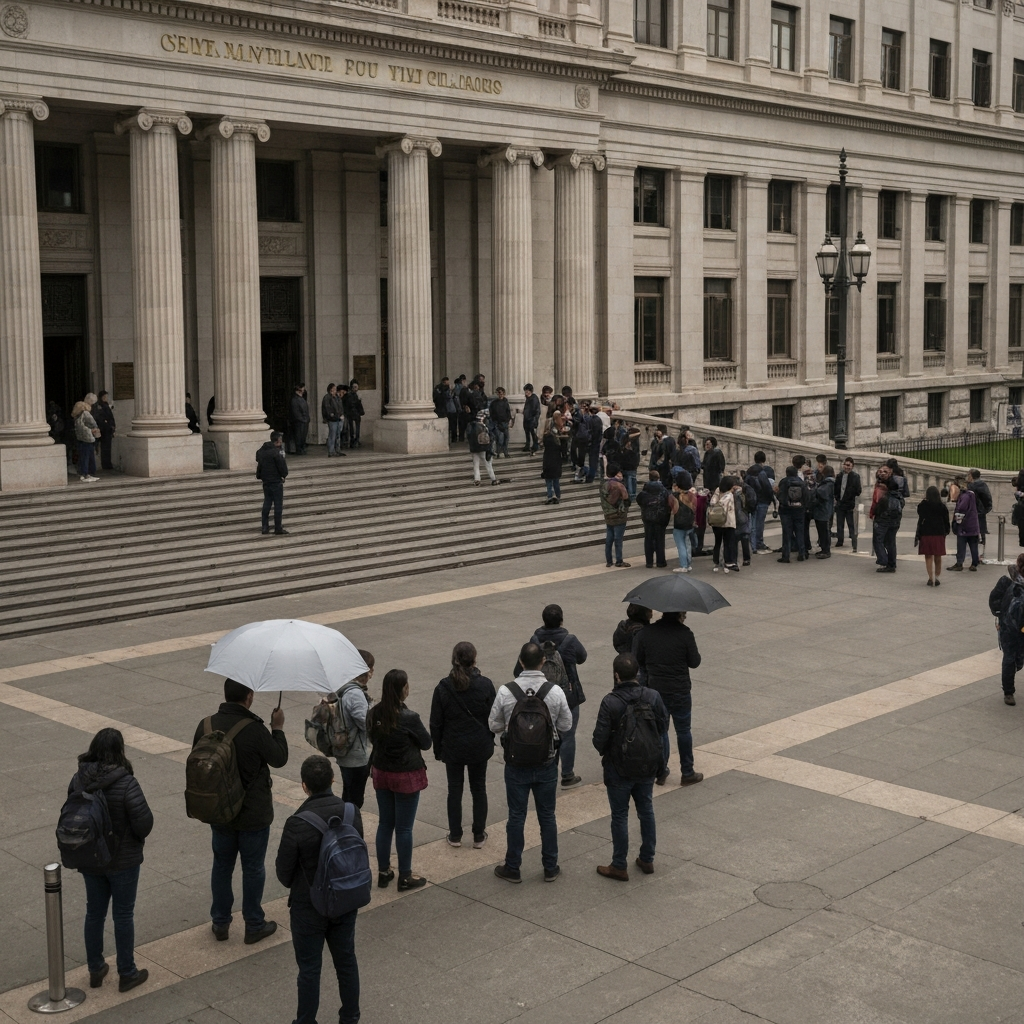 Vista general exterior de un edificio gubernamental y una fila de personas con mochilas.