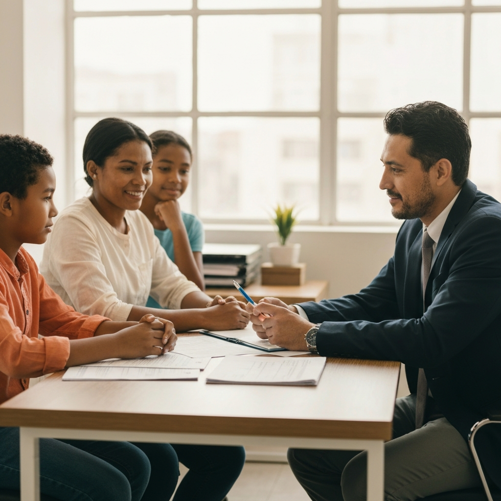 Familia y abogado en una mesa revisando papeles, expresiones de preocupacion, iluminacion suave
