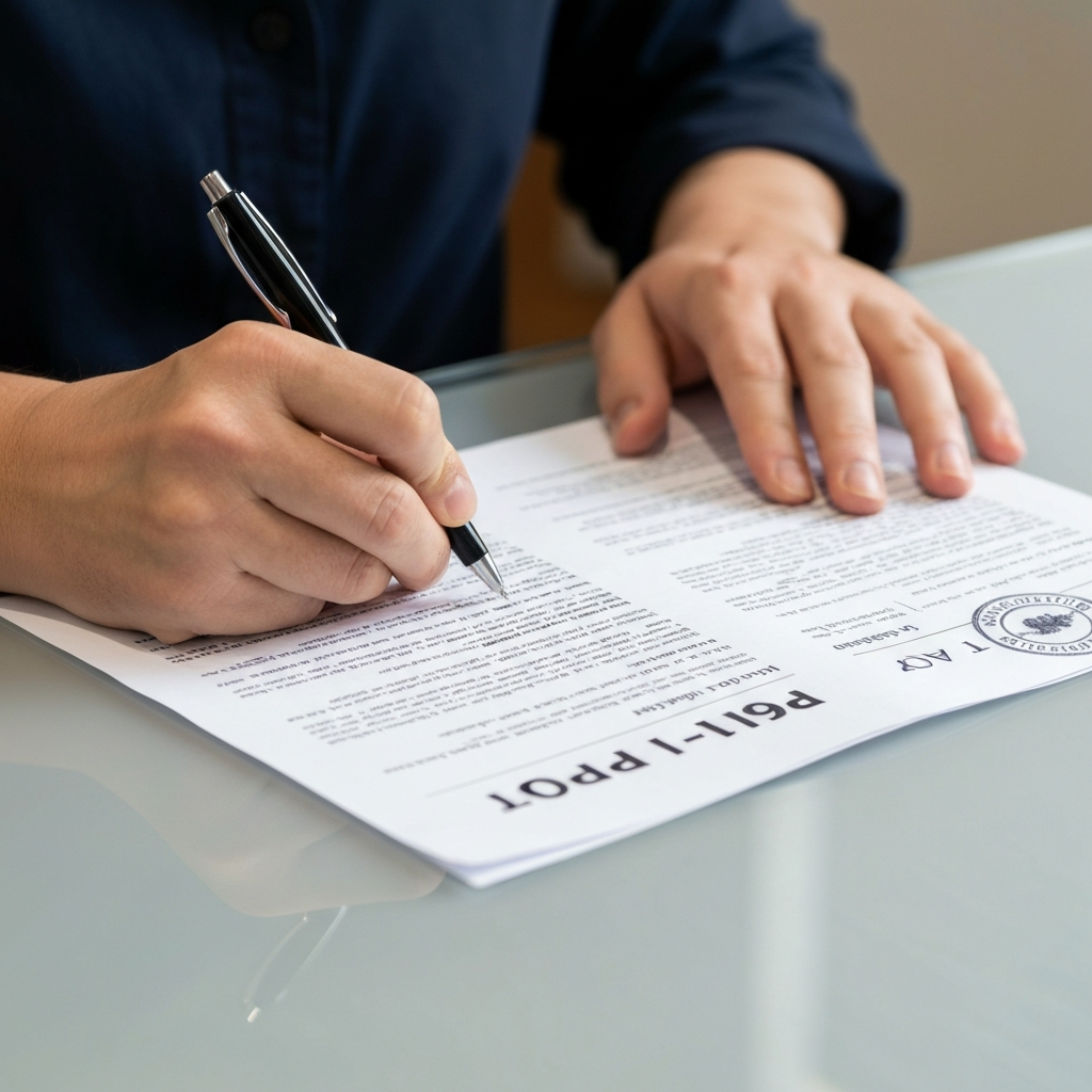 Manos firman formulario I-130 para ajuste de estatus por matrimonio