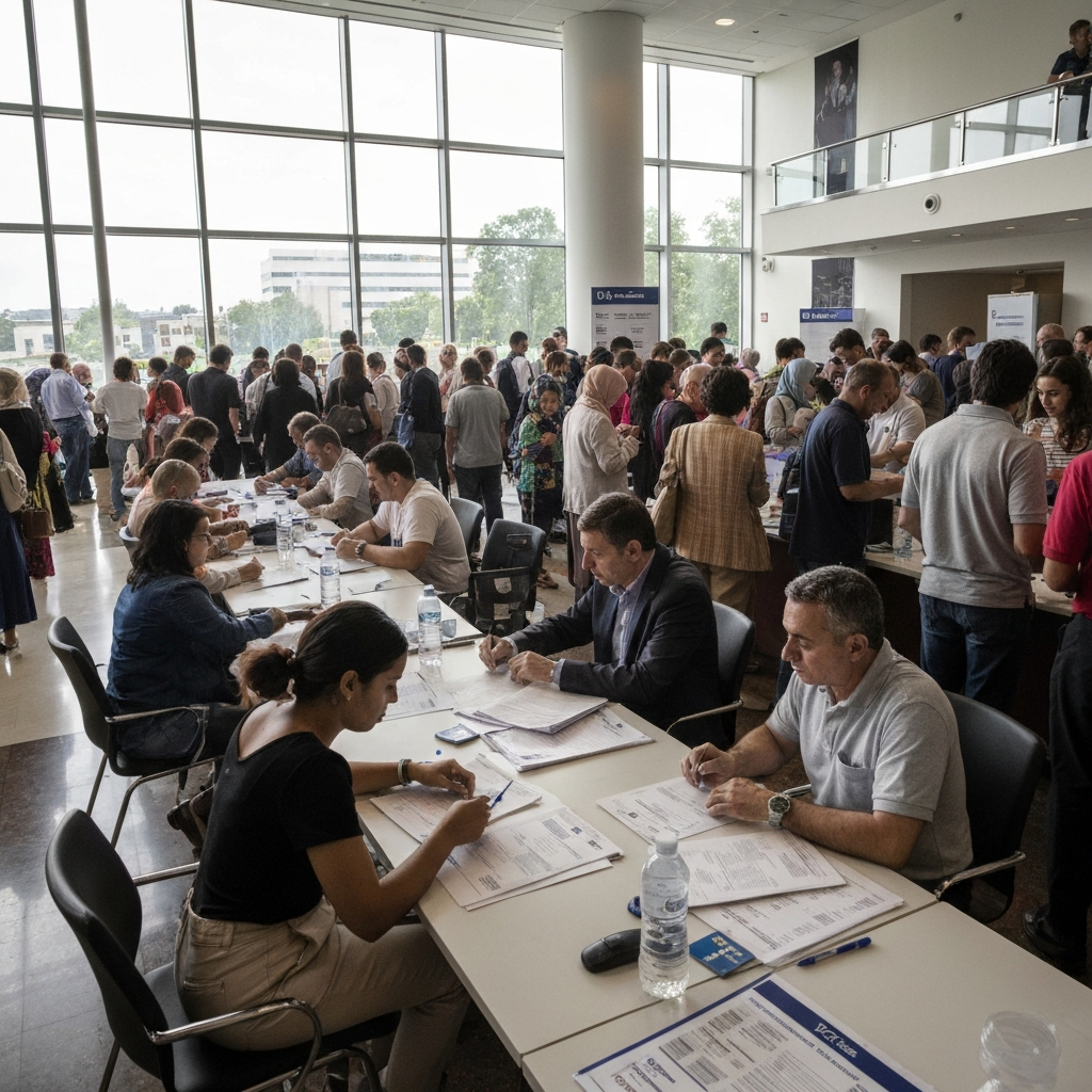 Panoramica de un centro de ayuda migratoria con gente haciendo cola y un cartel de fechas de visado, pasaportes y documentos.