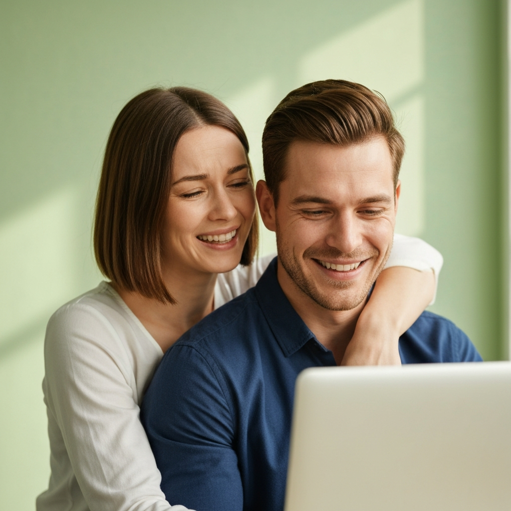 Pareja y hijo miran una computadora con una expresion de alivio.