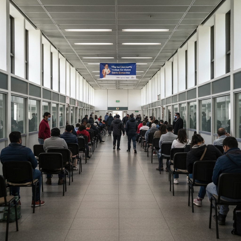 Plano ambiental de un pasillo de visados con varias personas esperando, sillas vacias y carteles oficiales, mostrando la escala de la suspension y su impacto.