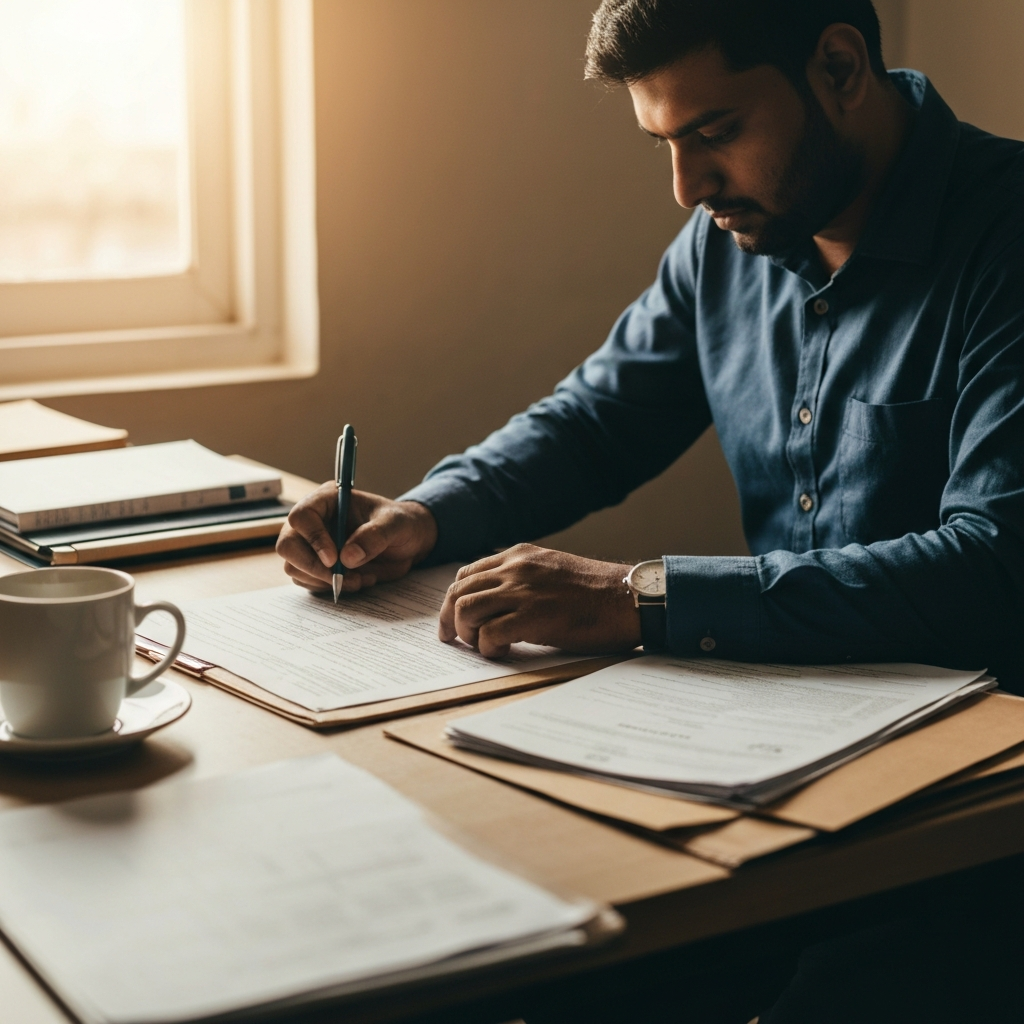 Plano amplio de un escritorio con documentos, ordenador mostrando el boletin, calendario y taza de cafe, ilustrando planificacion y contexto.