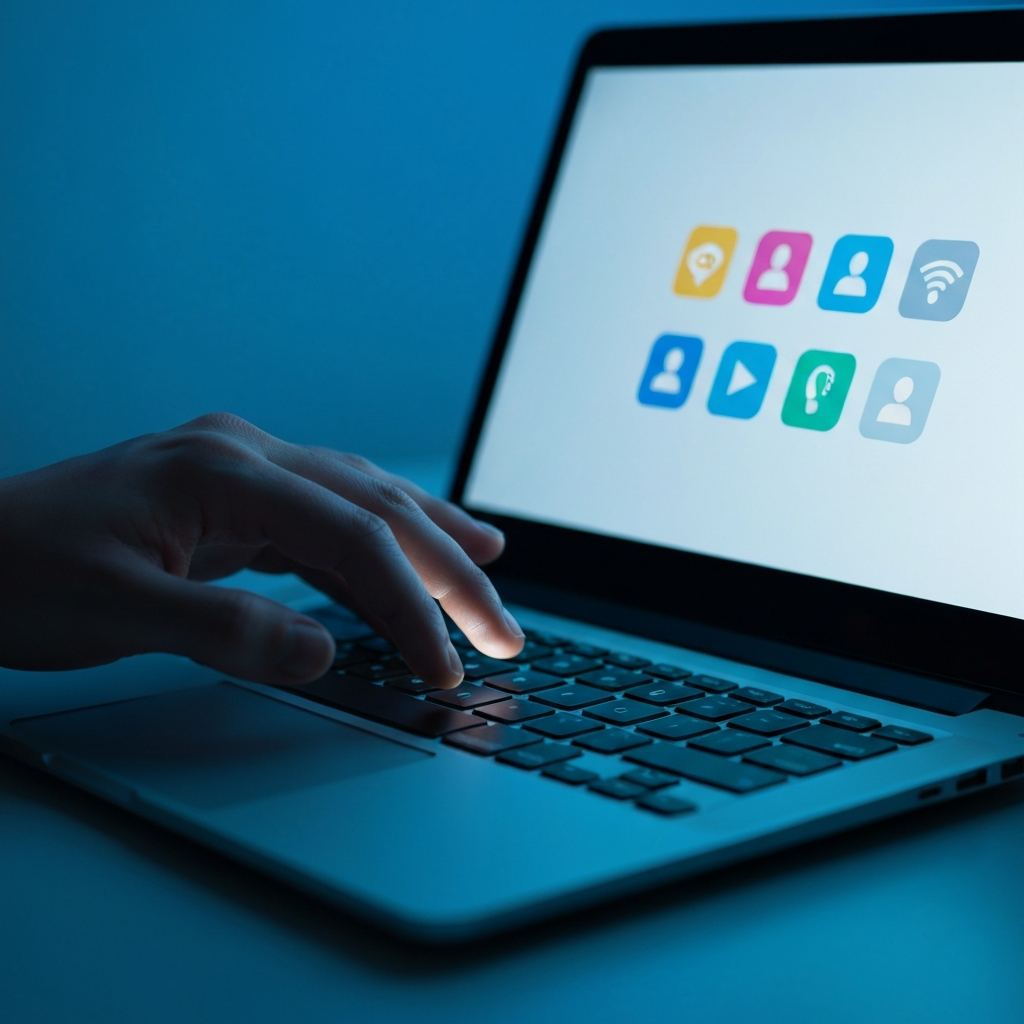 Primer plano de manos sobre un teclado, con iconos de redes sociales en la pantalla y un foco de luz fria