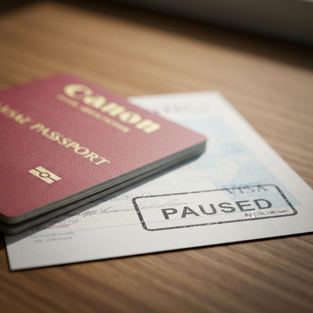 Primer plano de un pasaporte y una solicitud con sello pausado, foco macro para resaltar texturas y papel, simbolizando la pausa.