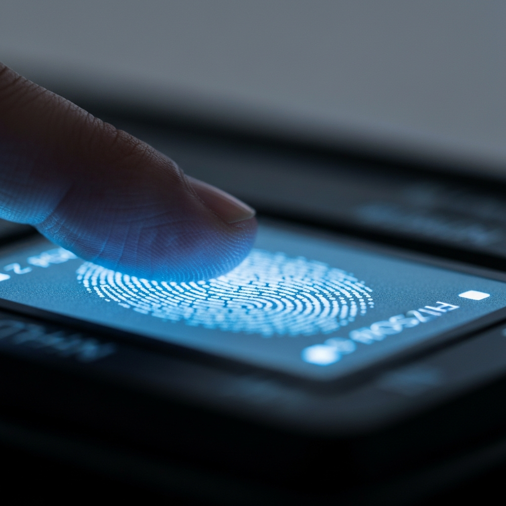 Primer plano de una huella digital sobre un escaner biometrico, luz led fria resaltando la textura de la piel.