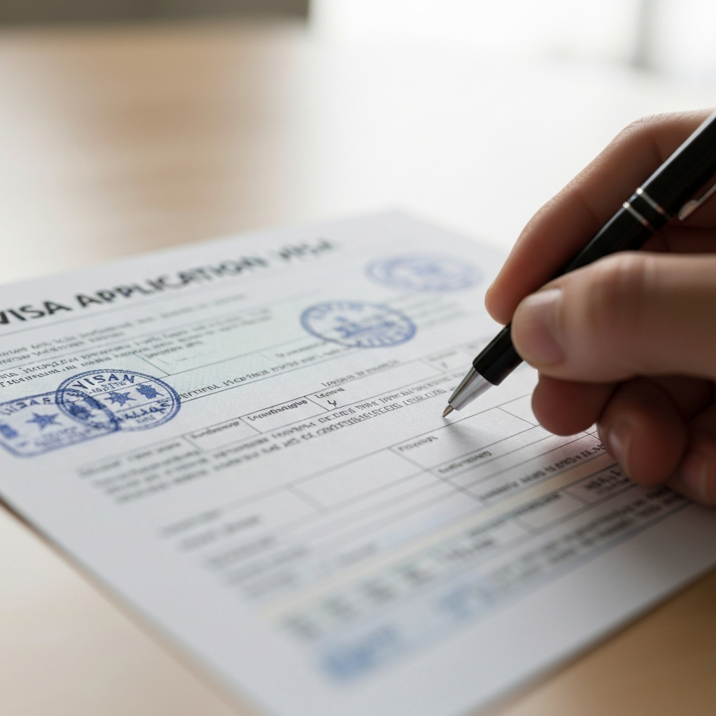 Primer plano macro de un formulario de visa con un boligrafo y sellos, detalle de texto y papel