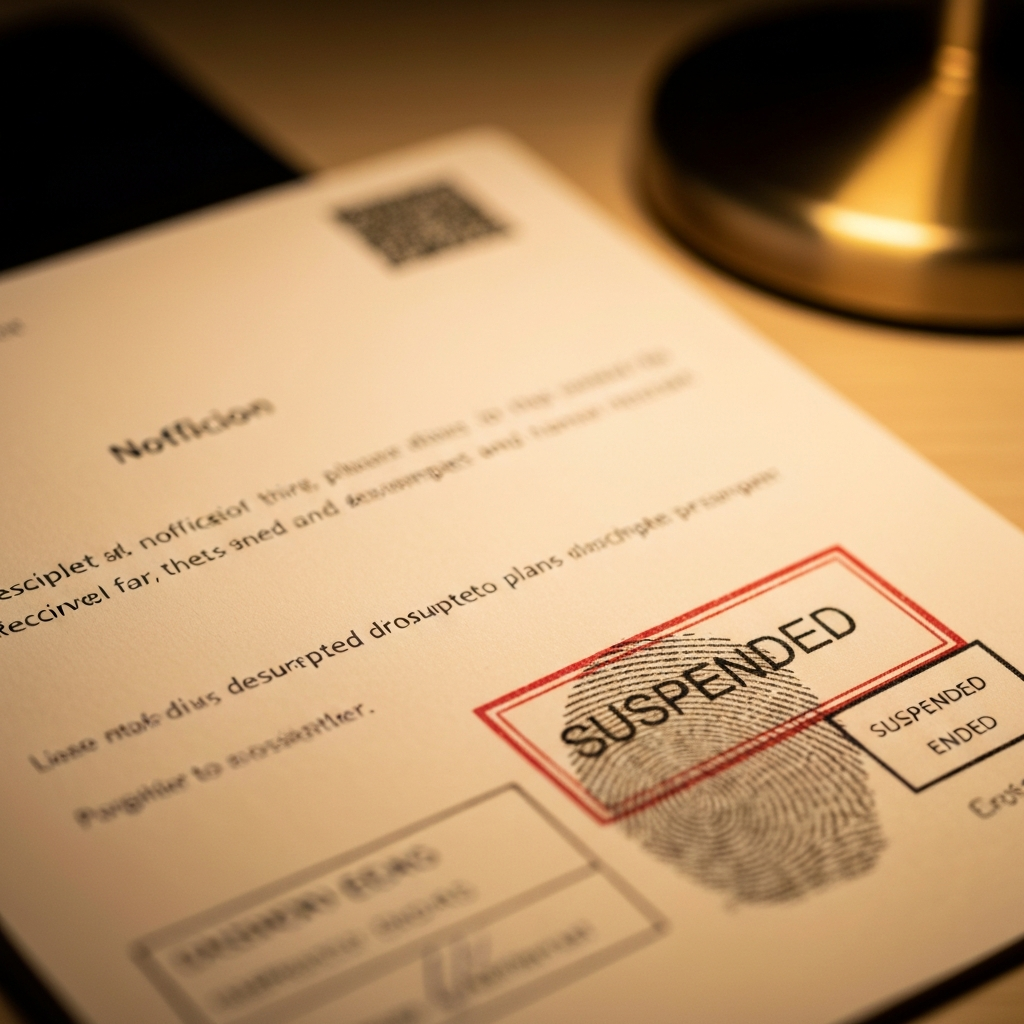 Primer plano macro de un sobre o documento con sello de suspension, capturando textura y tinta