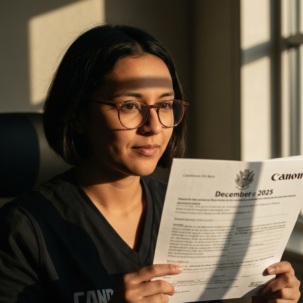 Retrato de un inmigrante esperanzado en un escritorio, sosteniendo el Boletin de Visas de diciembre 2025, con luz suave.
