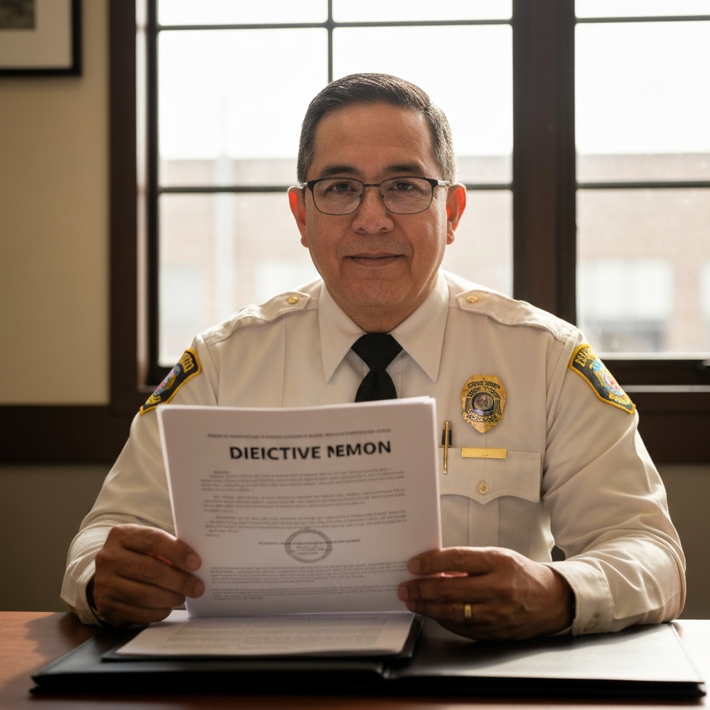 Retrato de una funcionaria de USCIS en su escritorio consultando el memorando de pausa.