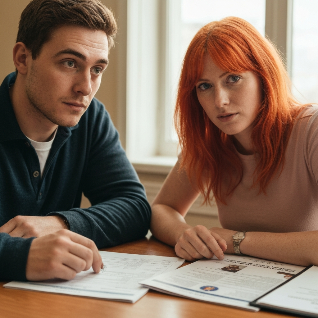 Retrato de una pareja esperanzada en una oficina, con documentos de inmigracion y un boletin en la pared