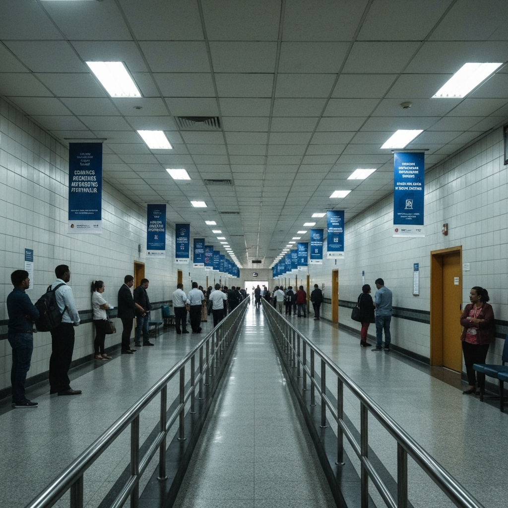 Vista amplia de un centro de visas con gente esperando y carteles