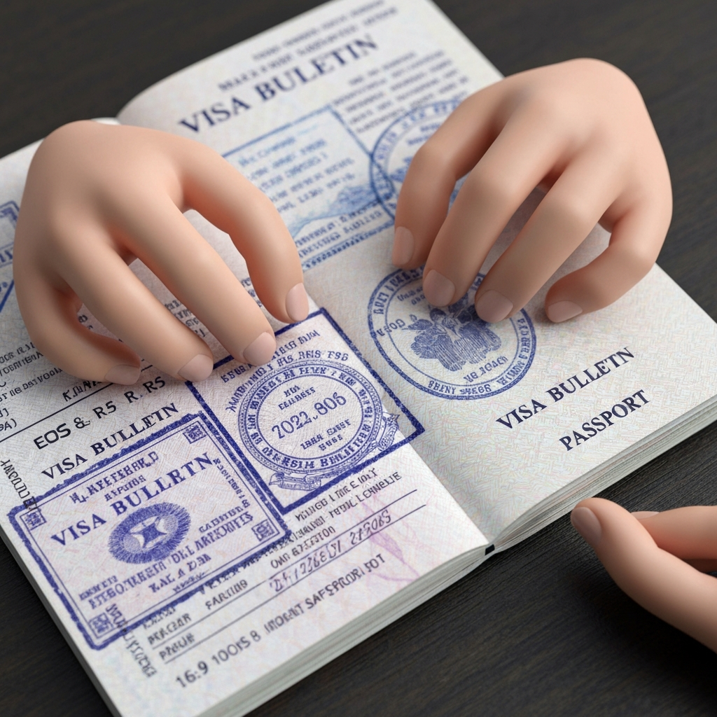 Detalle macro de pasaporte y boletin de visas, sobre una mesa con lamparita suave.