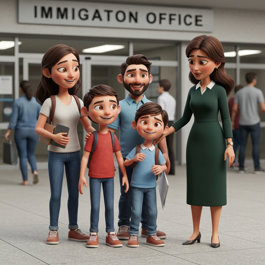 Familia esperando fuera de la oficina, una persona mayor consuela a otra, expresiones de ansiedad y esperanza.
