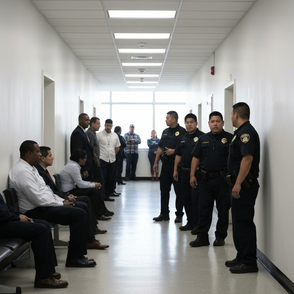 Plano amplio de una oficina interior con personas esperando y agentes al fondo, pasillos estrechos y luz natural.