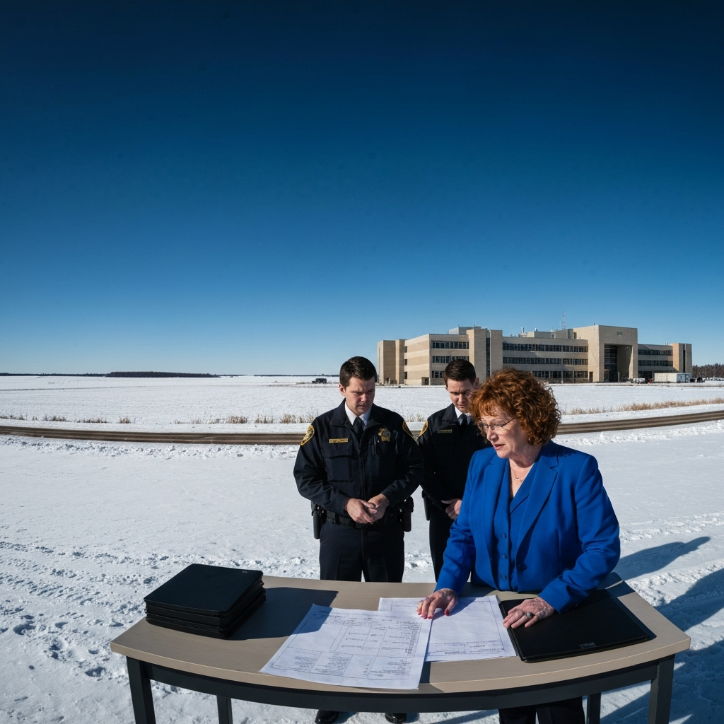 Plano amplio en Minnesota que muestra a agentes y el entorno cerca de una instalacion federal.
