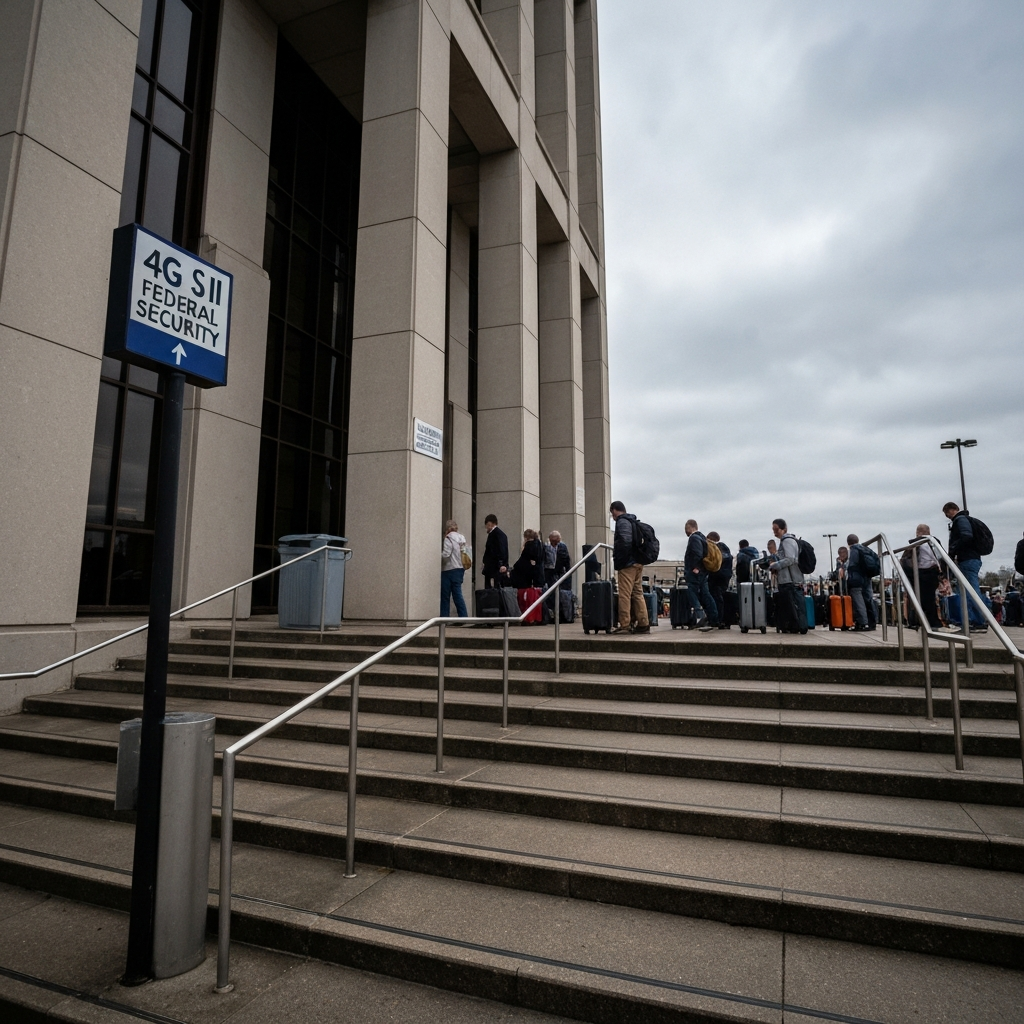 Plano general del exterior de un edificio federal con una fila de viajeros y maletas