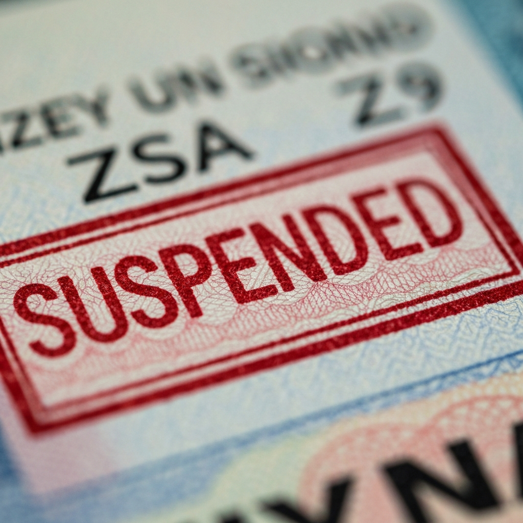Primer plano de un documento de visa con una marca de suspension, tinta roja y manos rodeando el papel.