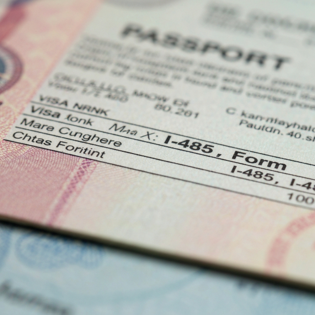 Primer plano de un pasaporte abierto, documentos y una hoja de solicitud con sellos