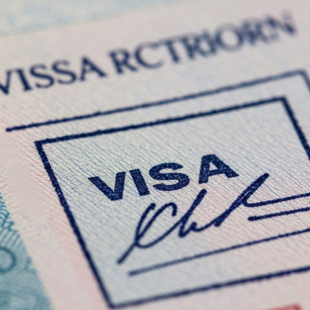 Primer plano de un pasaporte y sello de visa, tinta y relieve del sello, fondo borroso