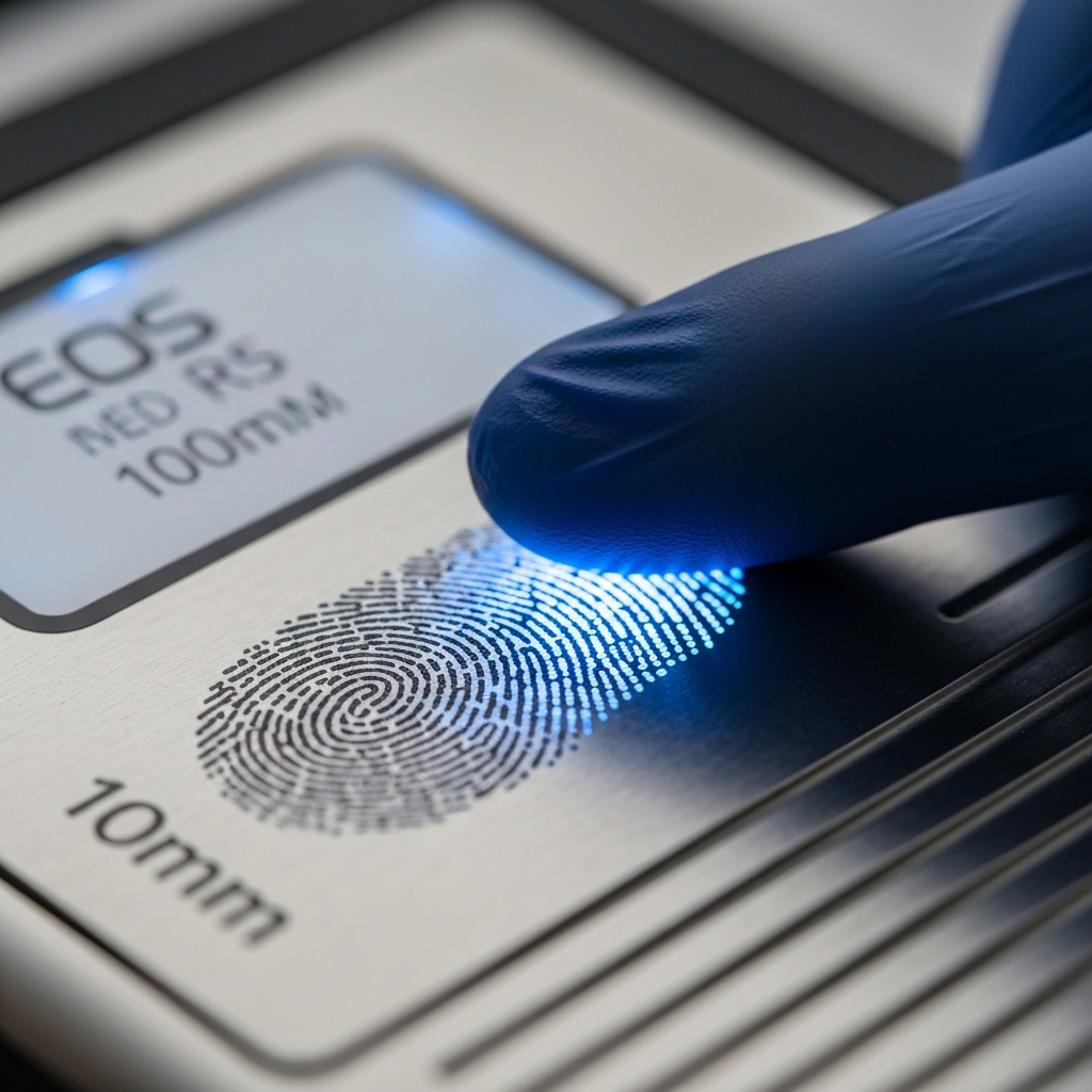 Primer plano macro de un escaner biometrico y una placa de DHS, enfocado en la verificacion de identidad.