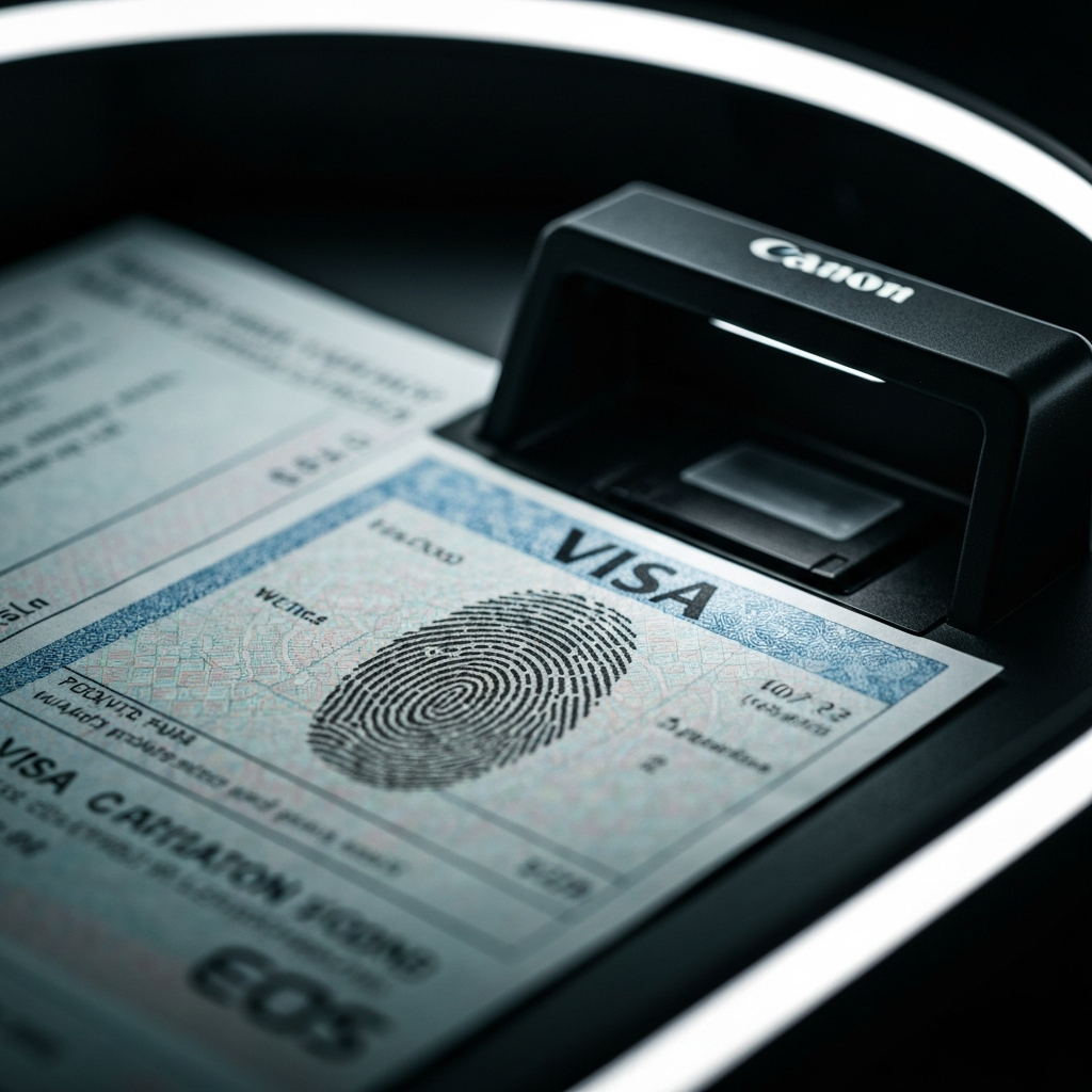 Primer plano macro de un lector biometrico y formularios de visa, resaltando el proceso de revision.