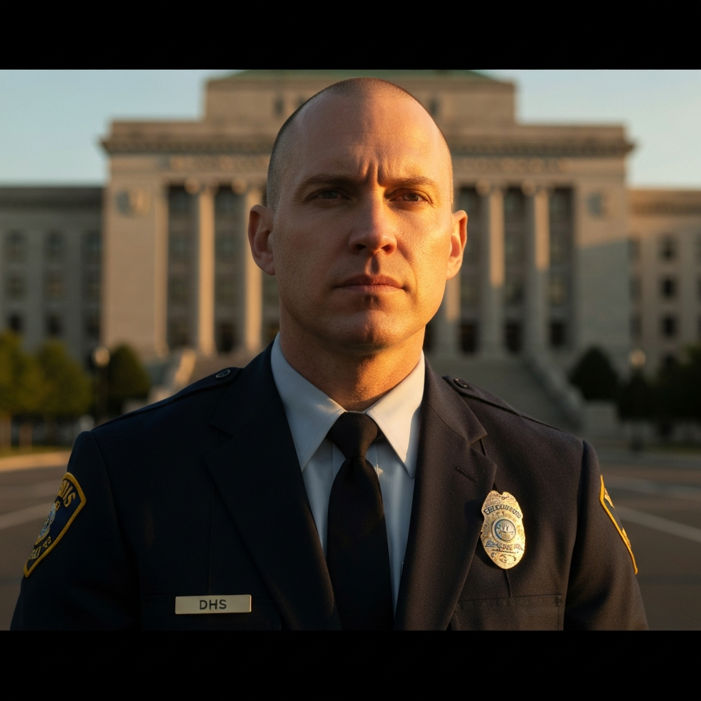 Retrato de un agente de DHS en Minnesota frente a una sede federal, mirada serena y decidida.
