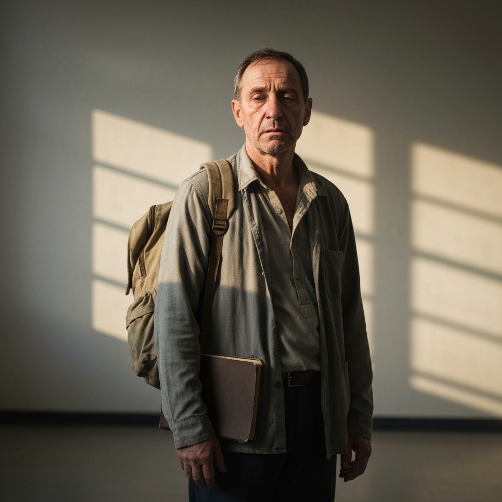 Retrato de un migrante esperando una cita en una oficina de ICE, luz suave de ventana, expresion tensa y digna.