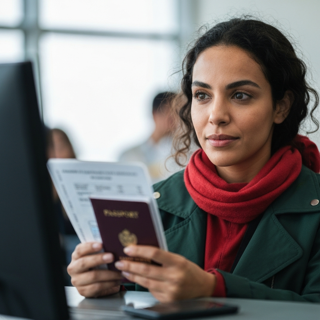 Retrato de un viajero esperanzado sosteniendo pasaporte junto a un mostrador migratorio