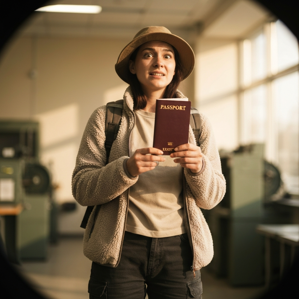 Viajero frente a una ventanilla de visas, sosteniendo su pasaporte, mirada tensa pero esperanzada.