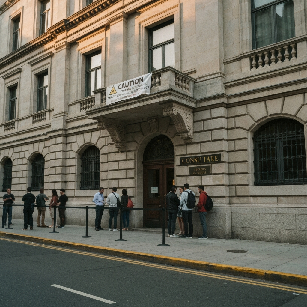Vista amplia de un edificio consular con letreros oficiales, fila de personas afuera y area de recepcion.